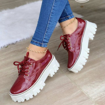 Pink, red, and black thick heel flat platform Oxford shoes for women by Coffee Jasper, featuring a stylish, comfortable footwear design.