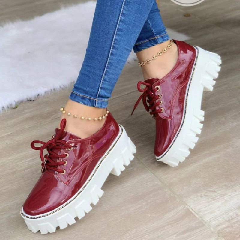 Black, red, and pink thick heel flat platform Oxford shoes for women by Coffee Jasper, featuring a stylish sneaker-inspired design.