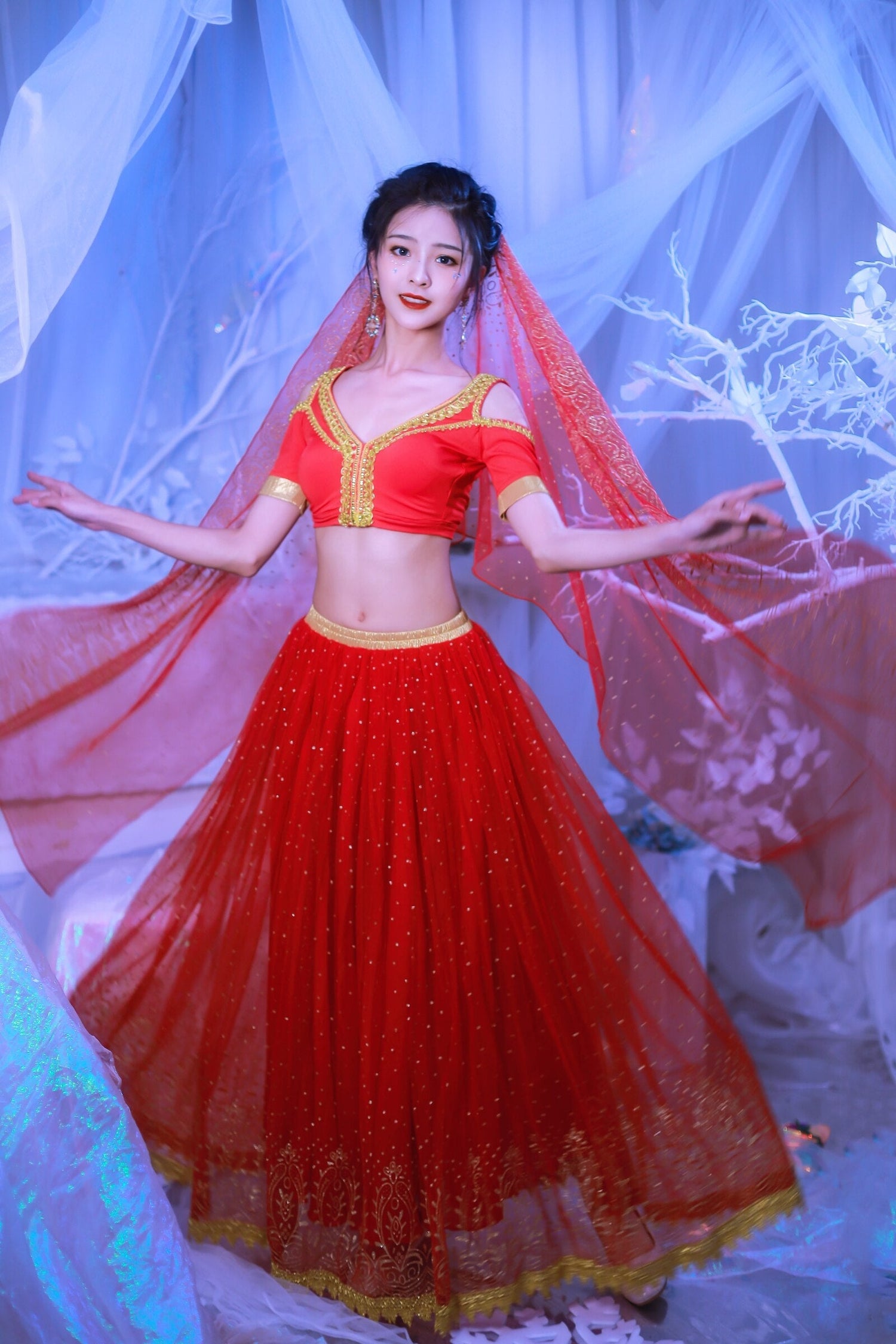 Red Elsa princess costume for pets featuring belly dance style, cosplay design by White Eucalyptus, suitable for parties and dress-up.