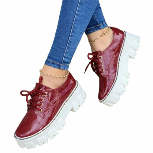 Black, red, and pink thick heel flat platform Oxford shoes for women by Coffee Jasper, featuring a stylish sneaker and runner design.