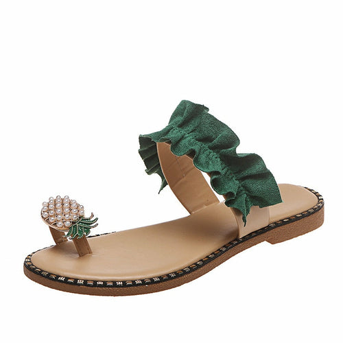 Silver Juneberry pineapple pearl beach slides for women, casual flat toe sandals with decorative pineapple and pearl accents.