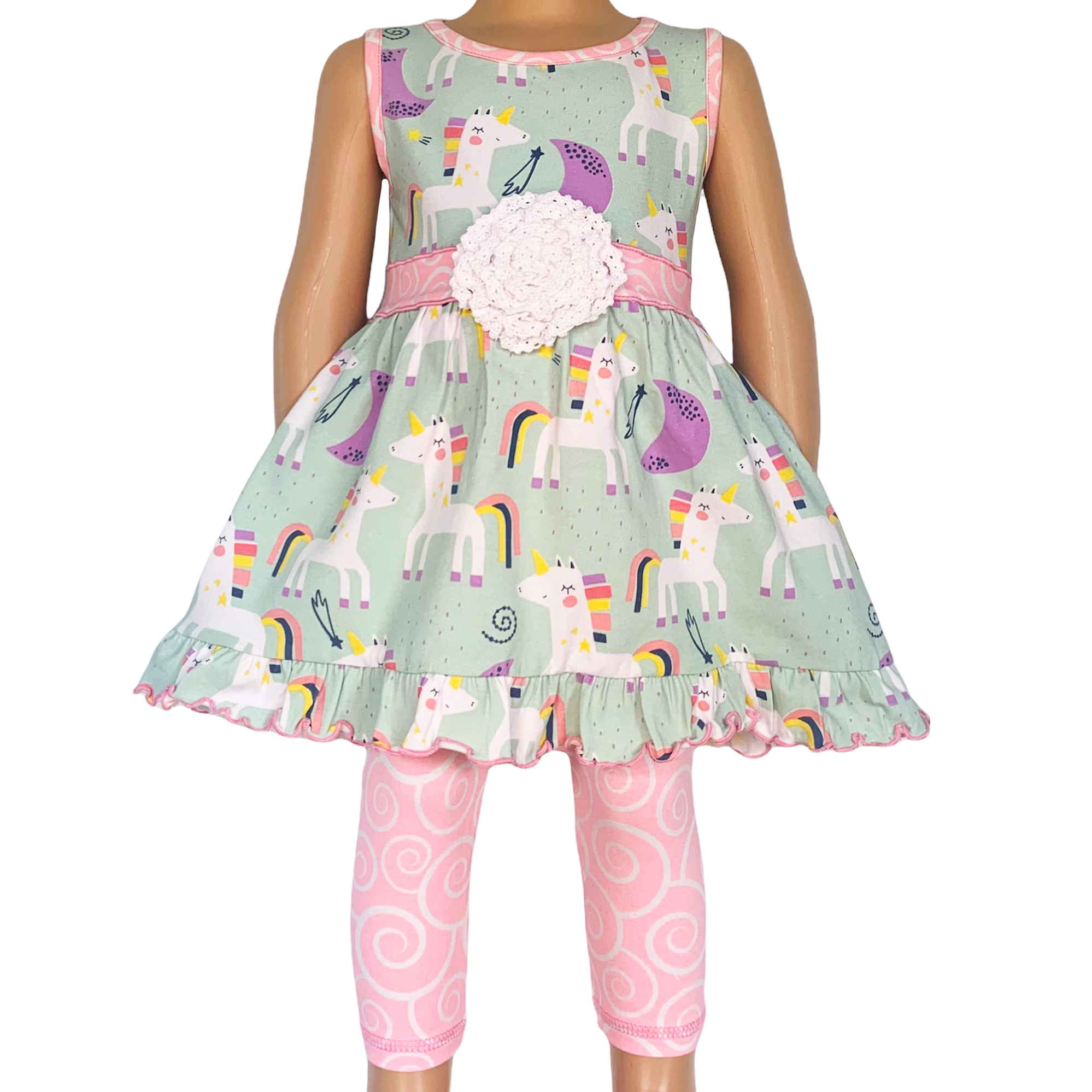 AnnLoren Girls Unicorns Rainbow Dress & Pink Swirl Leggings Outfit