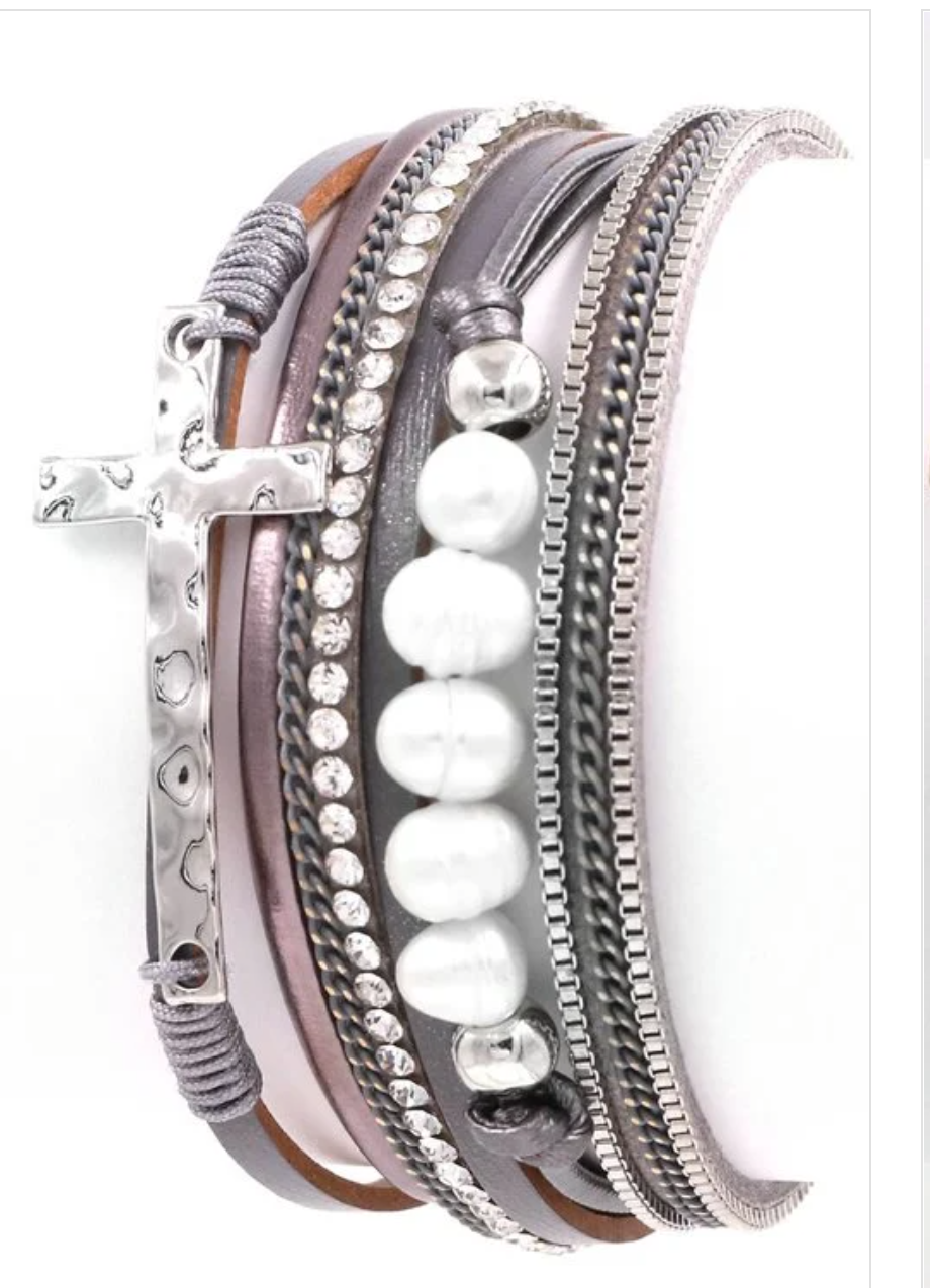 Cross and pearl multi layer magnetic bracelet