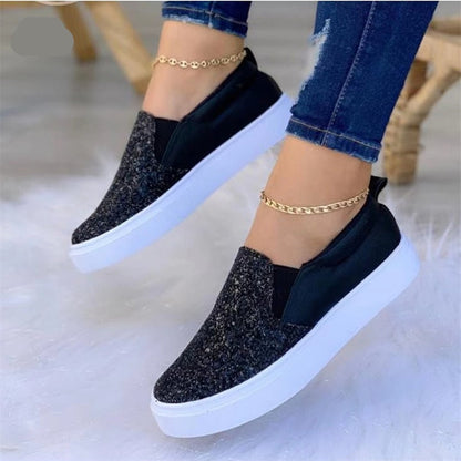 Black and rose gold glitter loafers for women, Coffee Jasper moccasins flats with stylish, shiny finish and comfortable slip-on design.