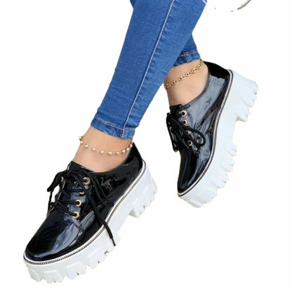 Black, red, and pink thick heel flat platform Oxford shoes for women by Coffee Jasper, featuring a stylish sneaker design.