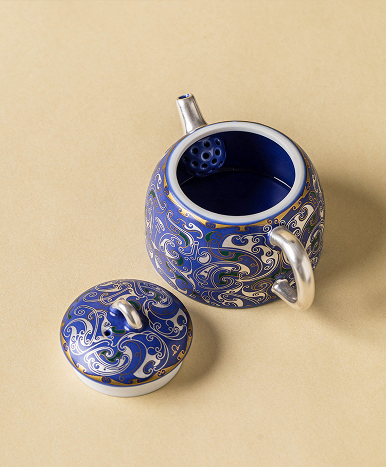 999 Silver Filigree Porcelain Teapot &amp; Saucer Gift Set — Imperial Blue