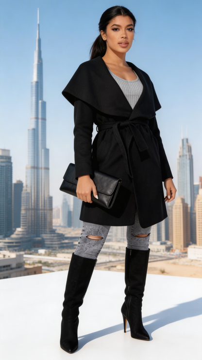 Fuchsia Erebus oversized belted waterfall coat in mid length, shown with its stylish draped design and belted waist.