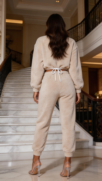 BEIGE TEDDY BORG CROPPED TOP &amp; JOGGER LOUNGE SET