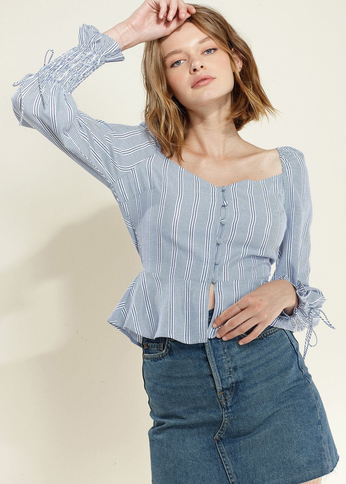 Smocked Cuff Button Front Peplum Blouse in Blue