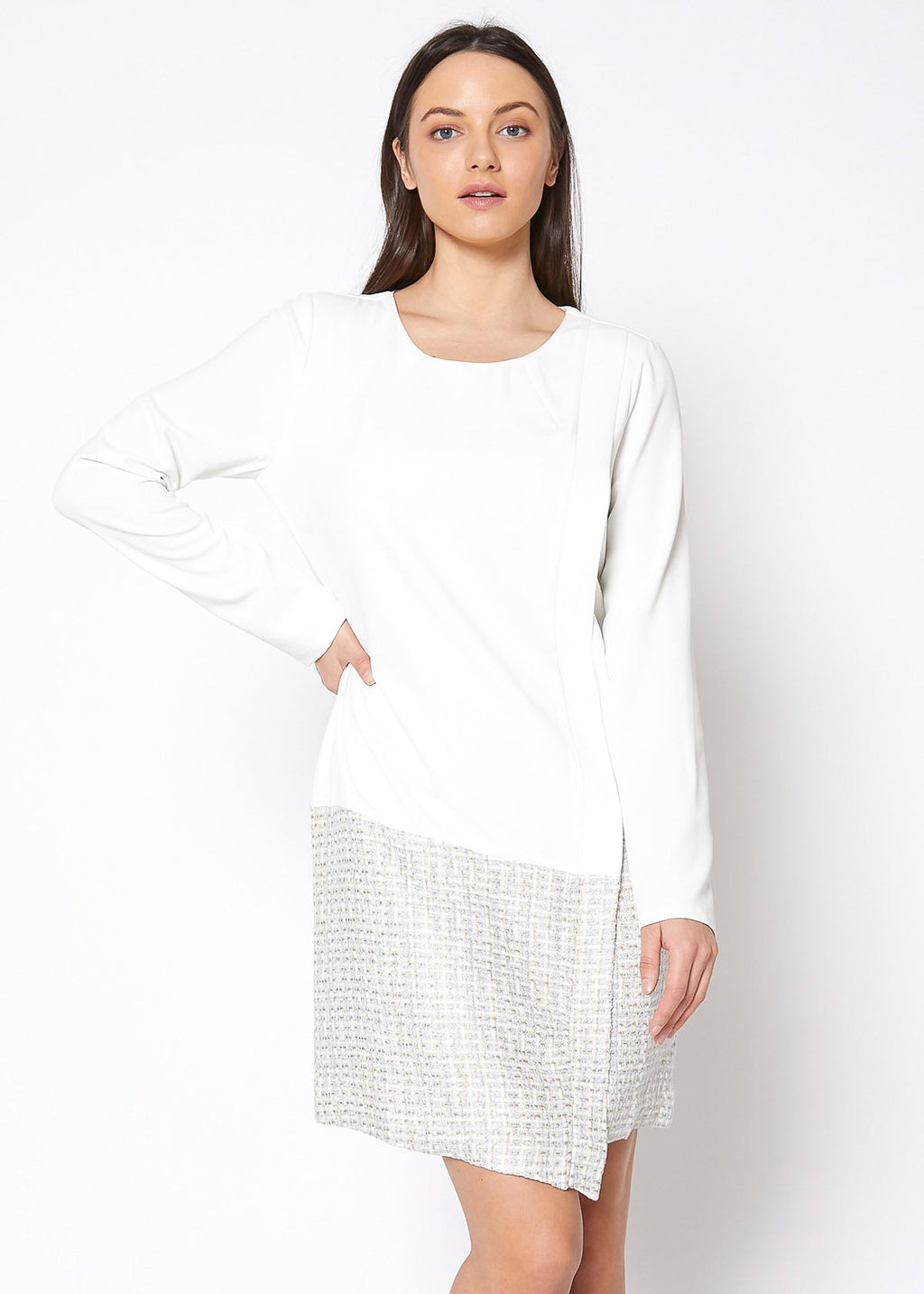 Tweed Hem Faux Wrap Dress In Ivory