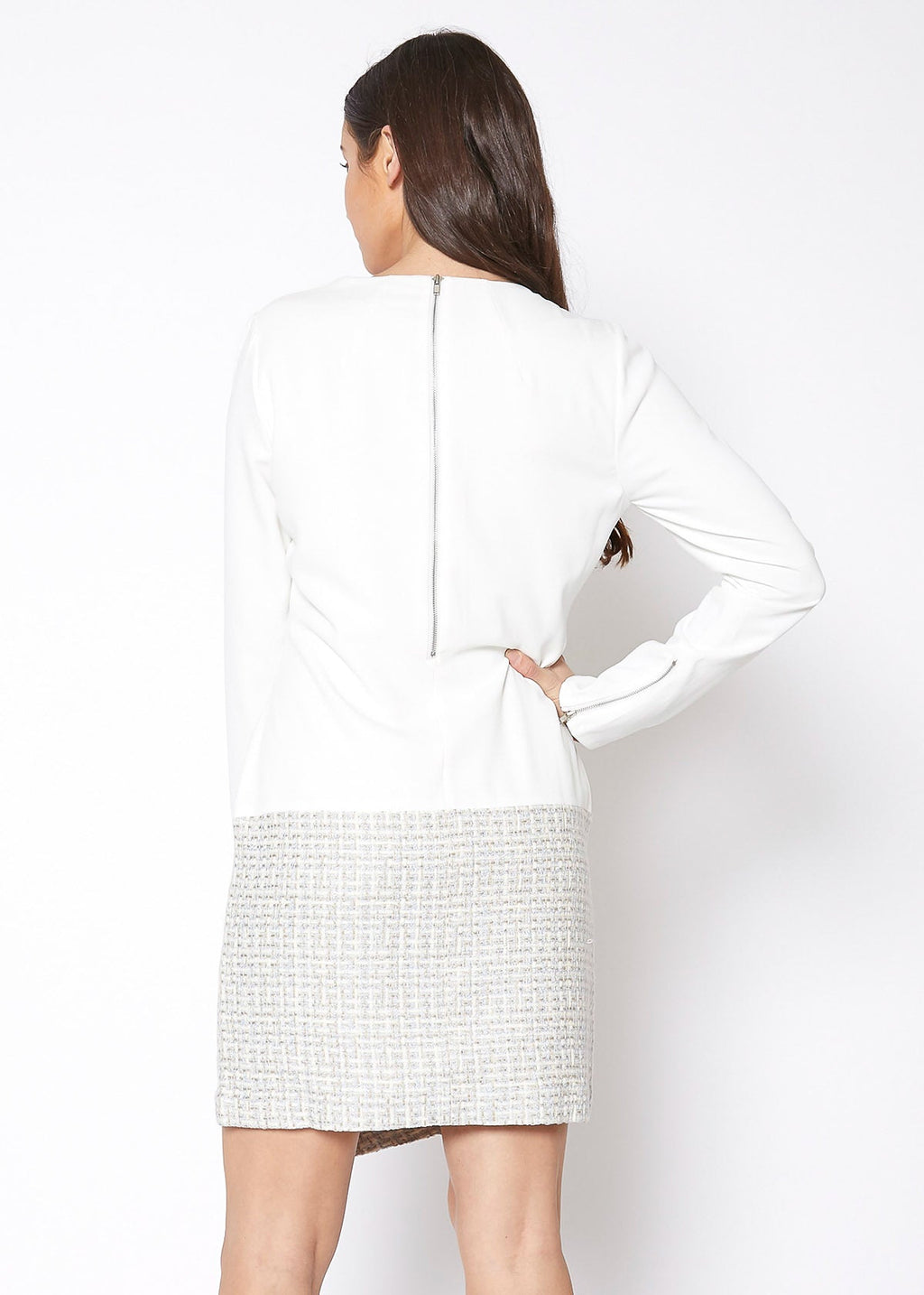 Tweed Hem Faux Wrap Dress In Ivory
