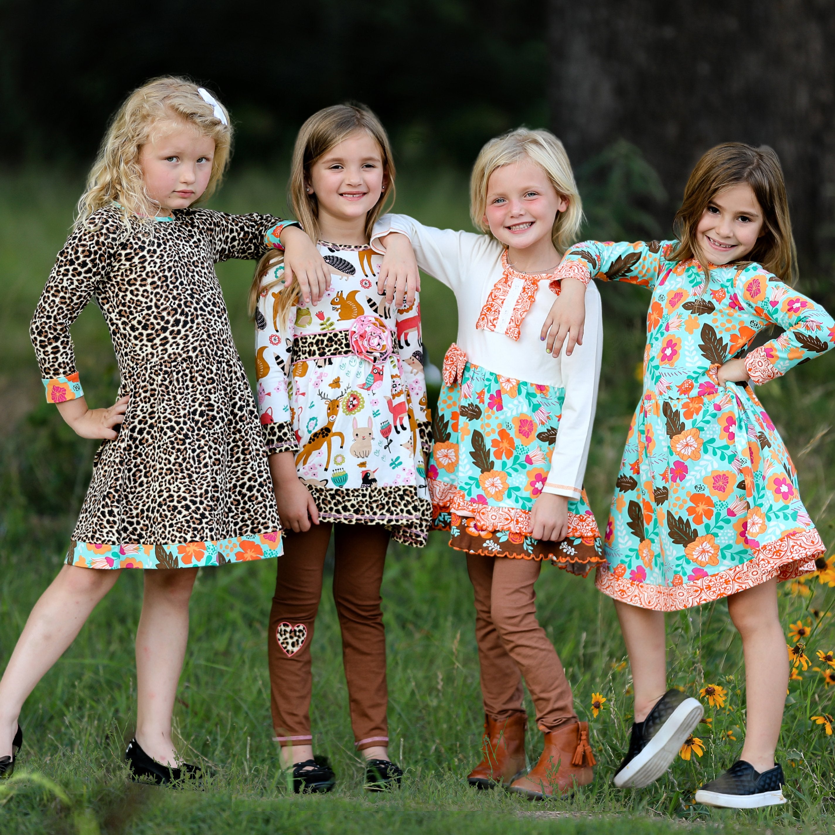 AnnLoren Big Girls Long Sleeve Leopard Fall Floral Dress Boutique