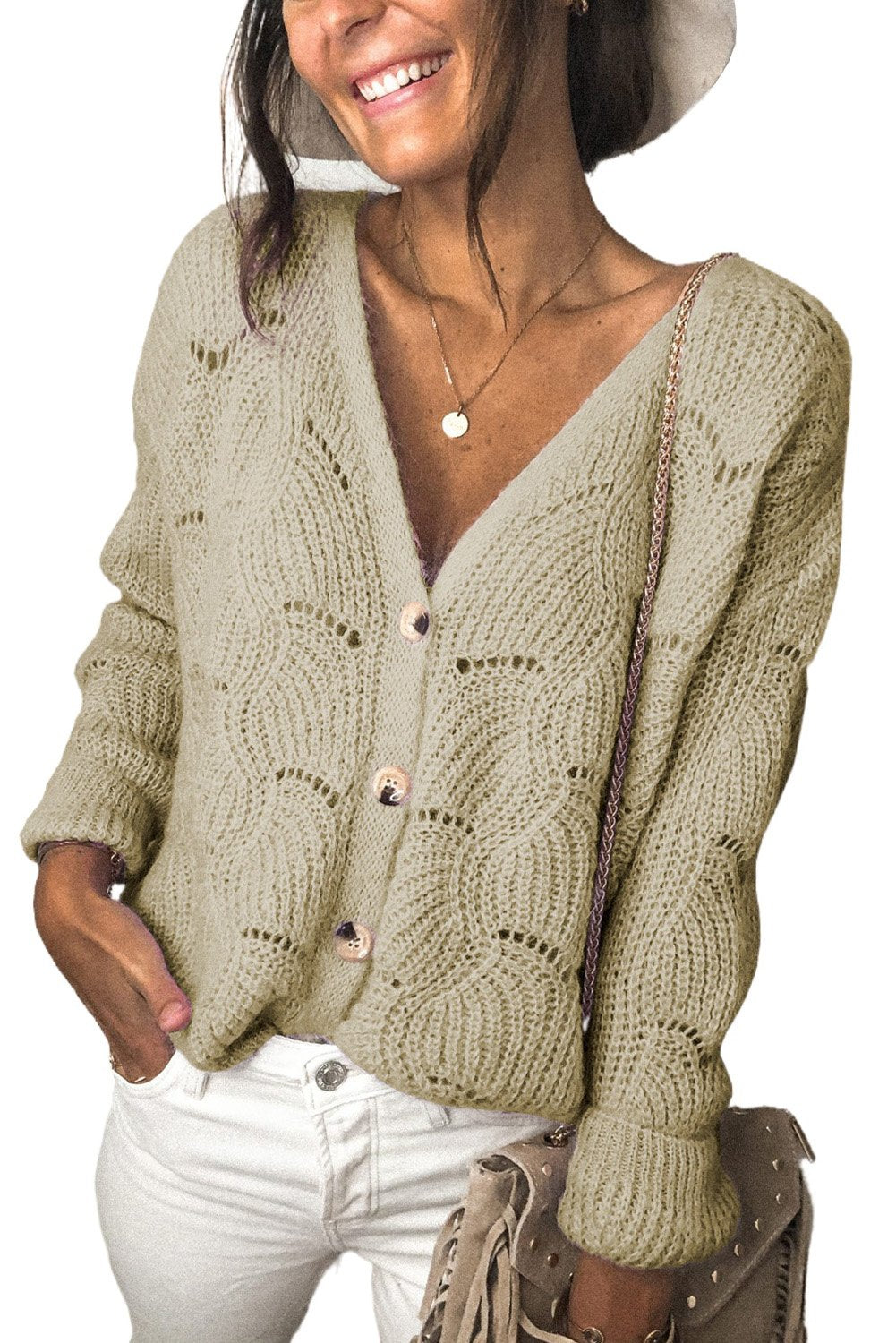 Khaki V Shaped Neckline Buttoned Knit Sweater