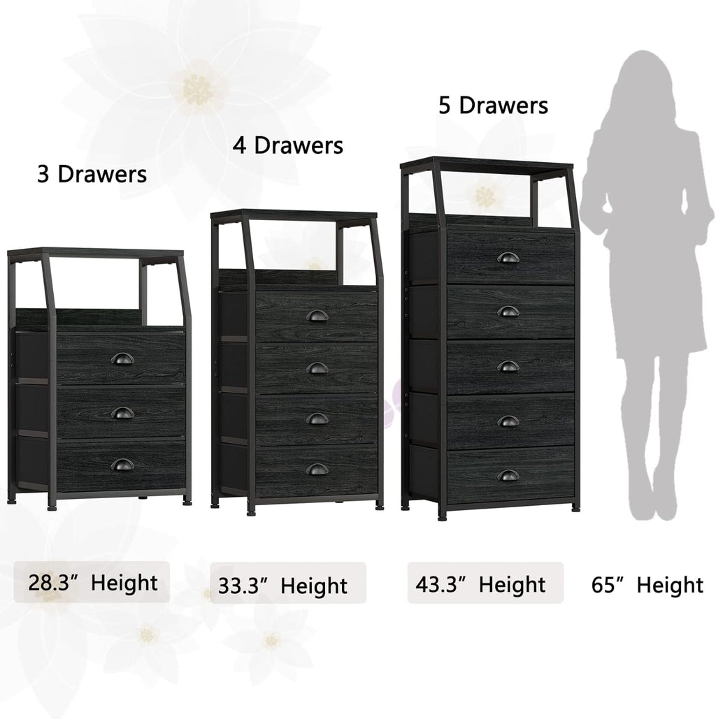 Black Night Stand With 3 Fabric Drawers And 2 Tier Shelf