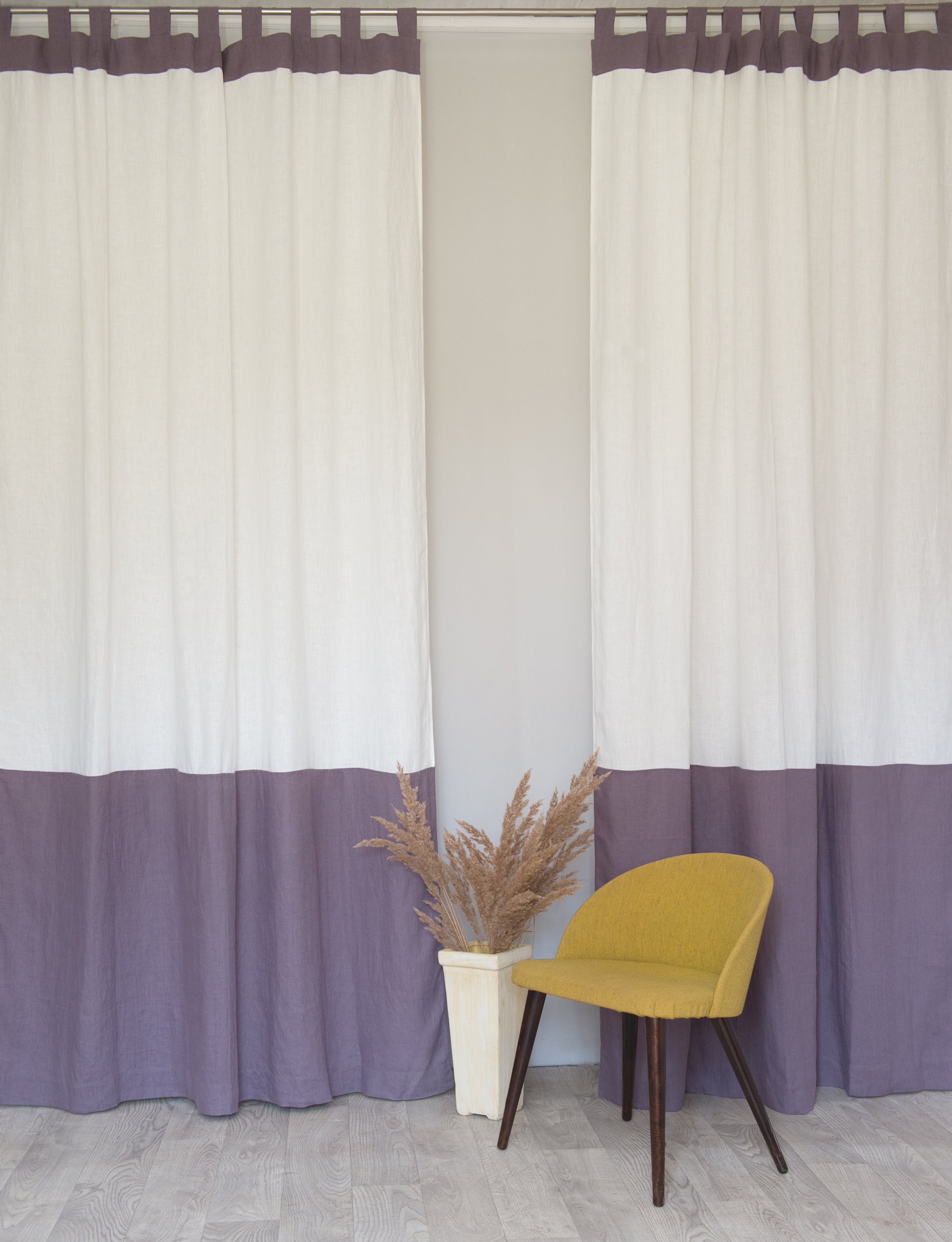 White and Natural Light linen curtains with tabs, two tones