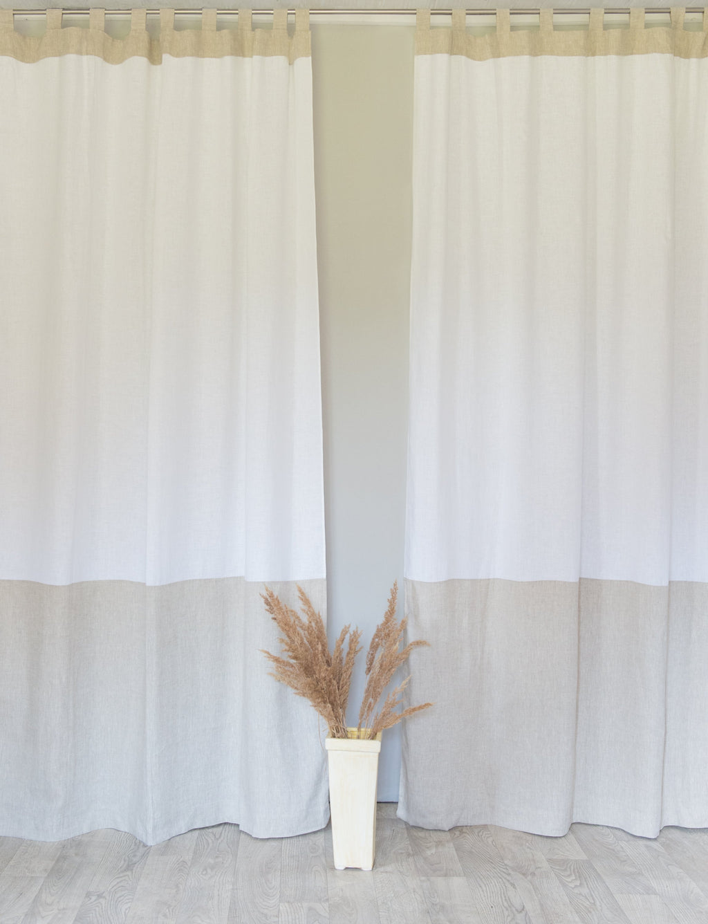 White and Natural Light linen curtains with tabs, two tones