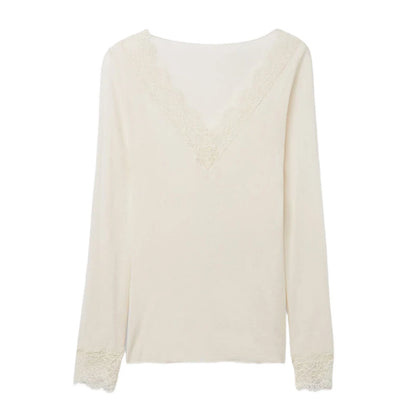 2026 Spring/Autumn Lady Fashion Inner Wear Casual V Neck Lace Trim Top Women's Solid Full Sleeve Underwear Shirt for Layering