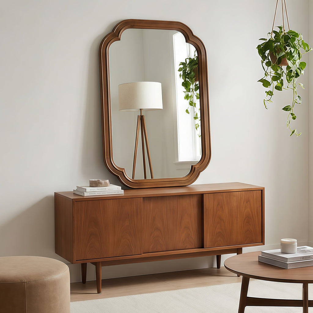 Solid Wood Frame Rounded Corner Decorative Mirror, For Bedroom,
