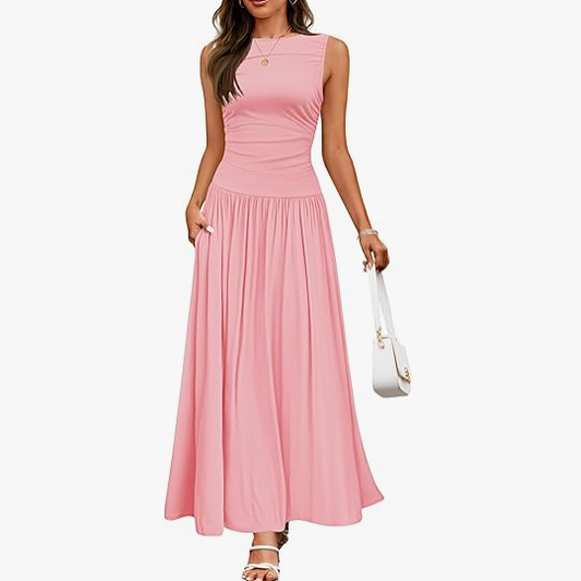 Women's Summer Sleeveless Maxi Dress Casual Round Neck Pleated Elegant