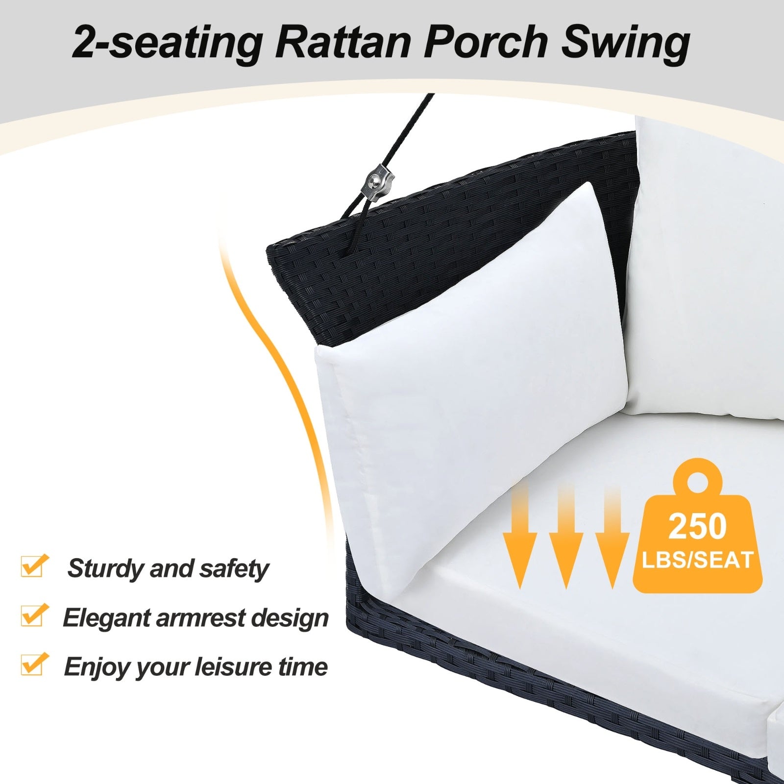 LuneluX_Home – Hanging Rattan Porch Swing for 2 (Black Wicker + White