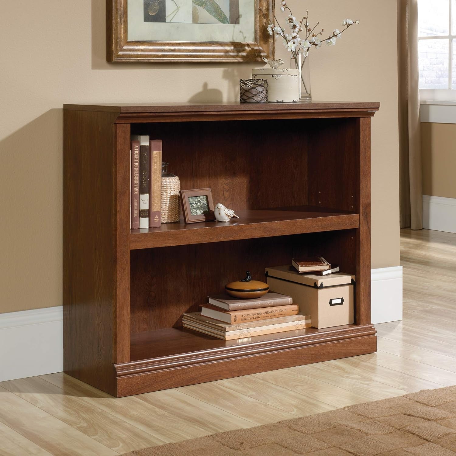 Two Tier Wooden Bookcase With Adjustable Shelf In Oiled Oak For Home