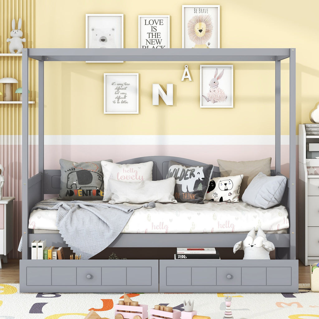 Twin Size Canopy Day Bed with 2 Drawers, Canopy Bed Frame for Bedroom