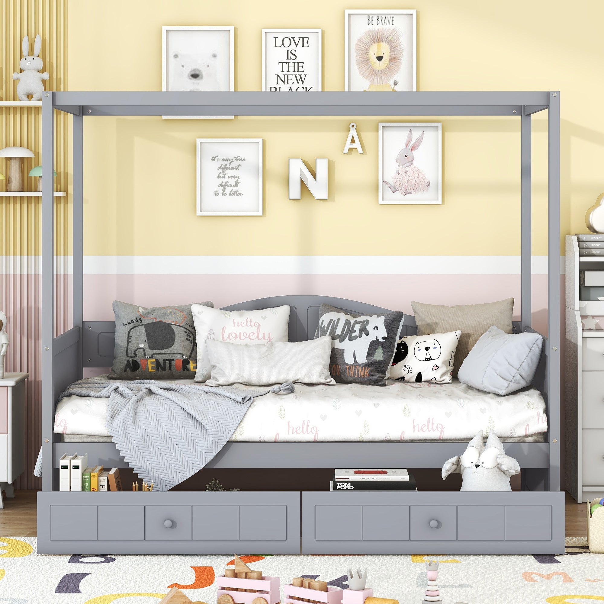 Twin Size Canopy Day Bed with 2 Drawers, Canopy Bed Frame for Bedroom