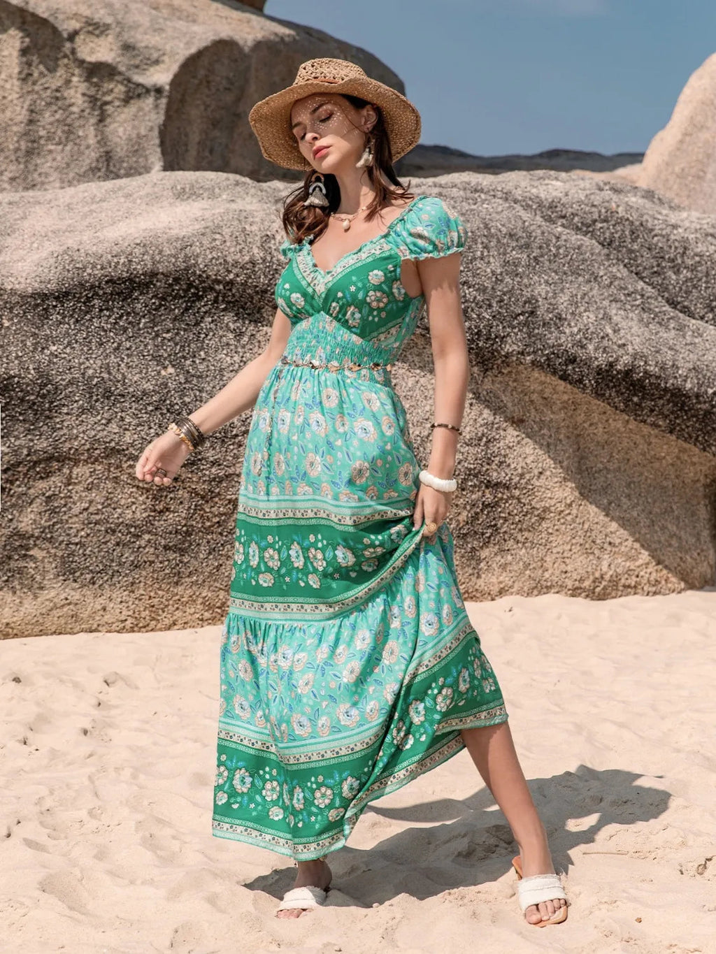 Smocked Printed V-Neck Dress