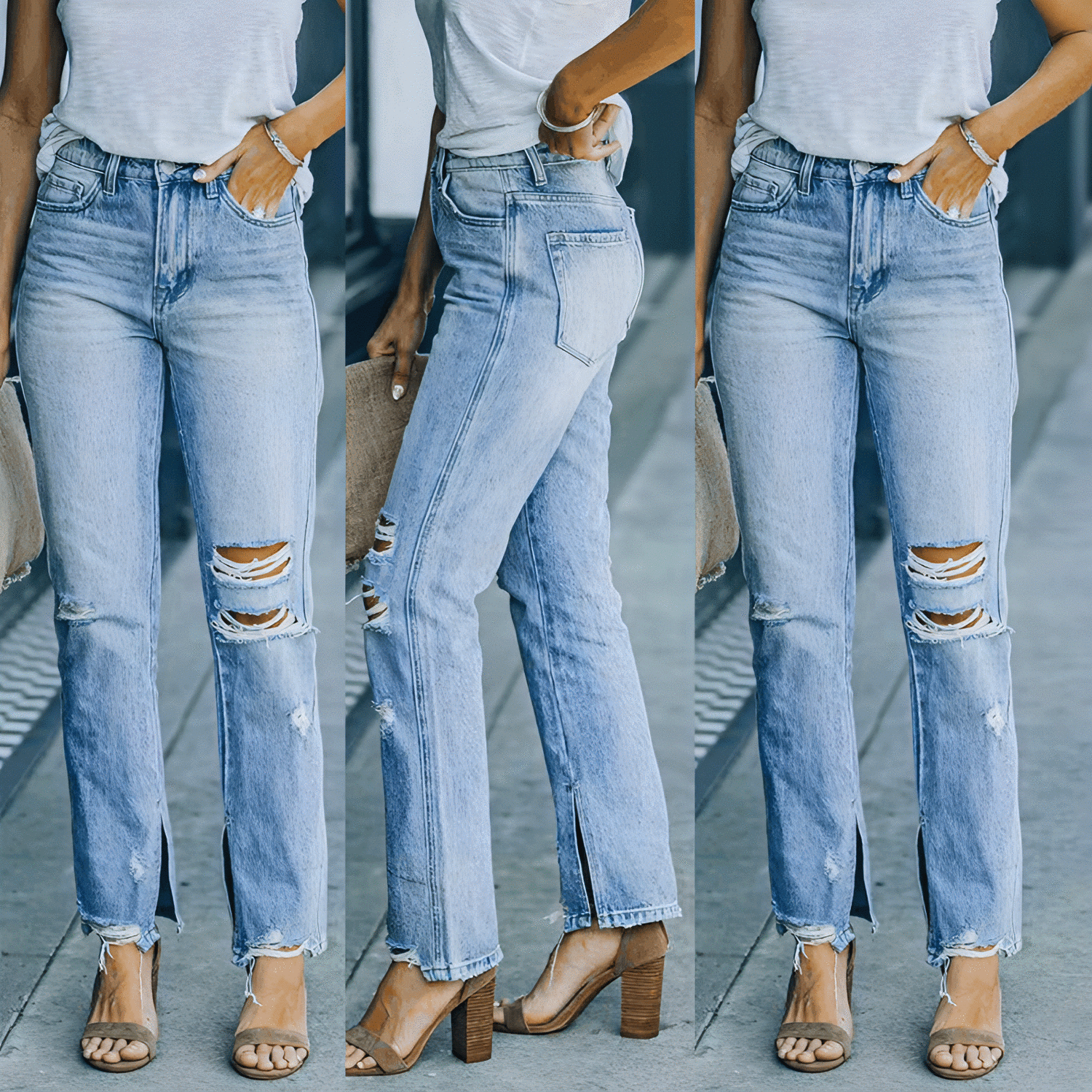 SkyFade™ fashion street washed jeans by Carmine Juneberry, featuring distressed denim and a relaxed fit.