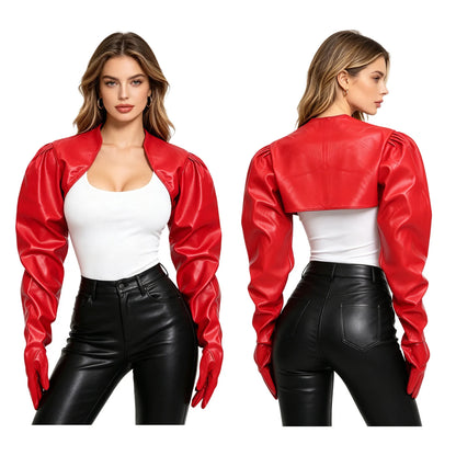 Womens Wet Look PU Leather Cardigan Crop Jacket Puff Loose Long Sleeve Open Front Coat Shrug Shawls with Gloves Party Clubwear