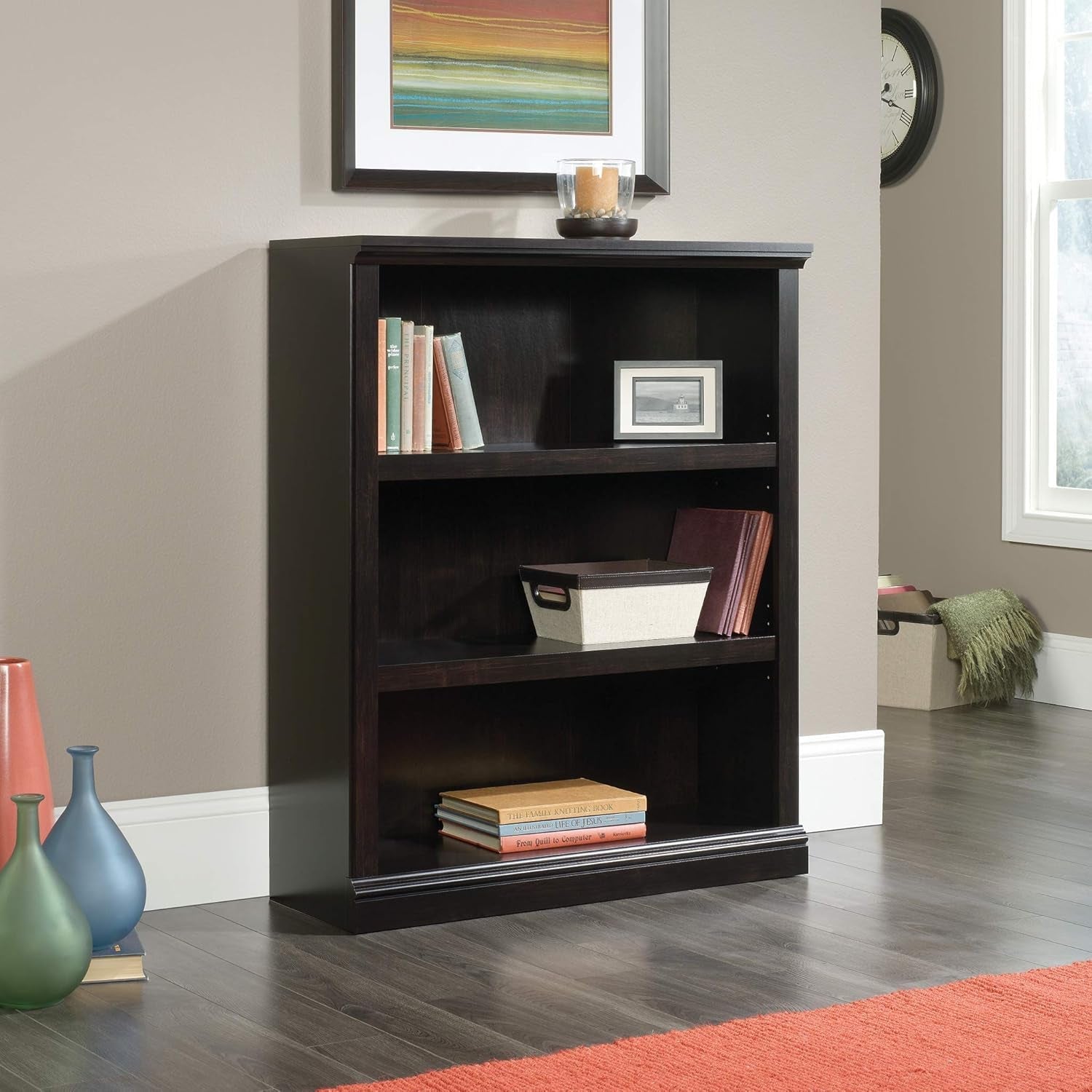 Three Tier Wooden Book Shelf Estate Black with Adjustable Shelves