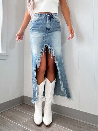 Women's High-Waist Raw Hem Asymmetry Denim Skirt