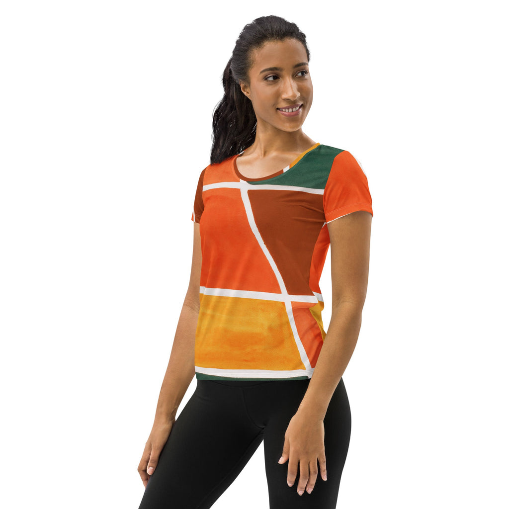 Womens Stretch Fit Athletic Sports T-shirt - Orange Green Boho Pattern