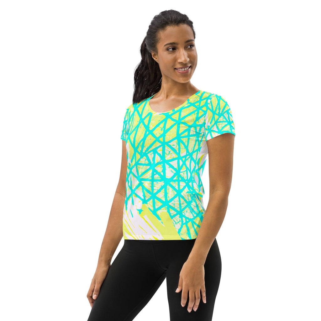 Womens Stretch Fit Athletic Sports T-shirt - Cyan Blue Lime Green