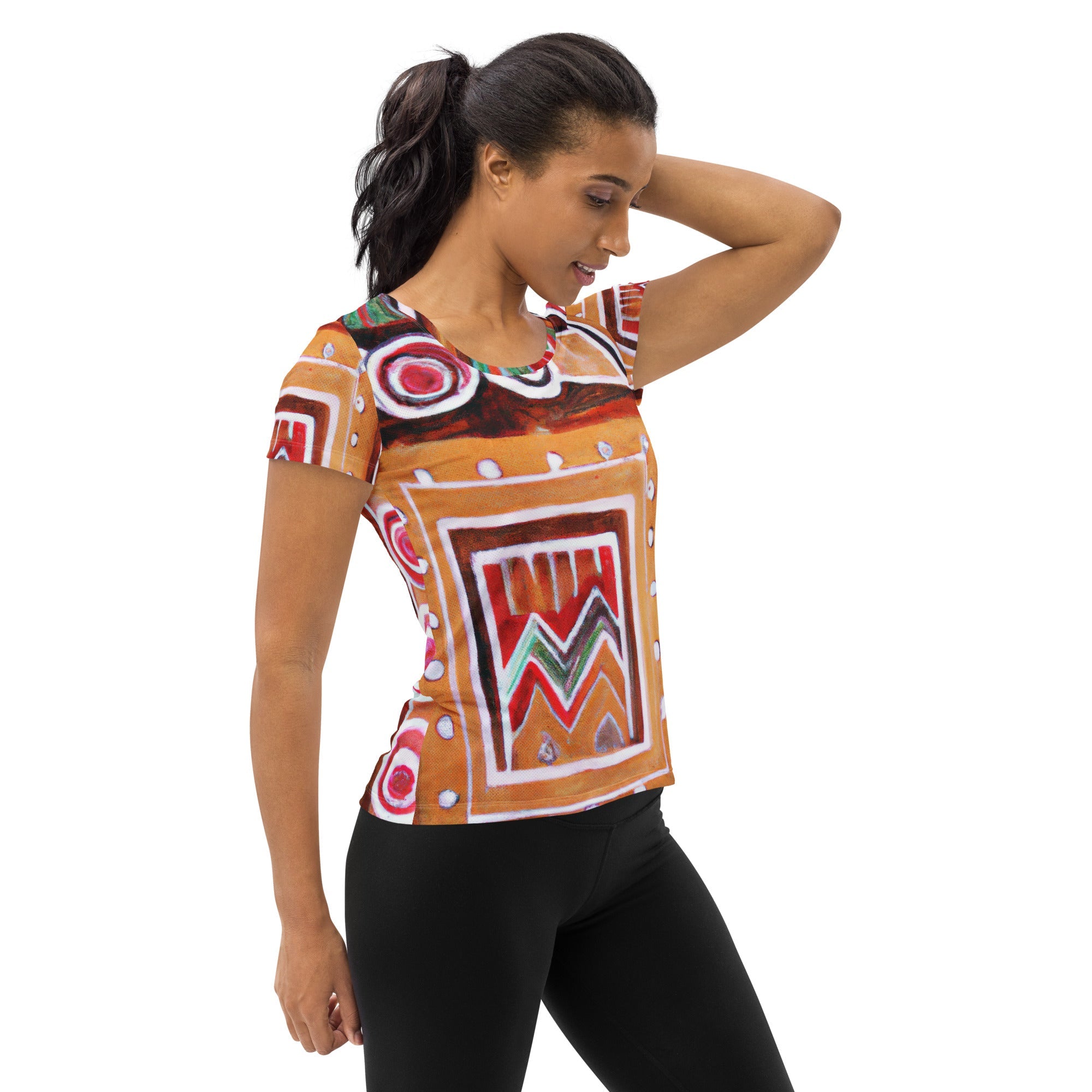 Womens Stretch Fit Athletic Sports T-shirt - Brown Orange Green Aztec