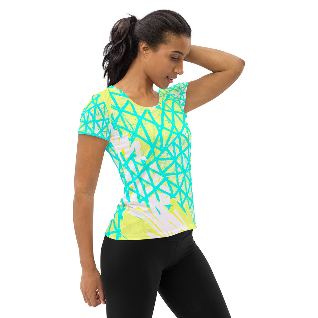 Womens Stretch Fit Athletic Sports T-shirt - Cyan Blue Lime Green