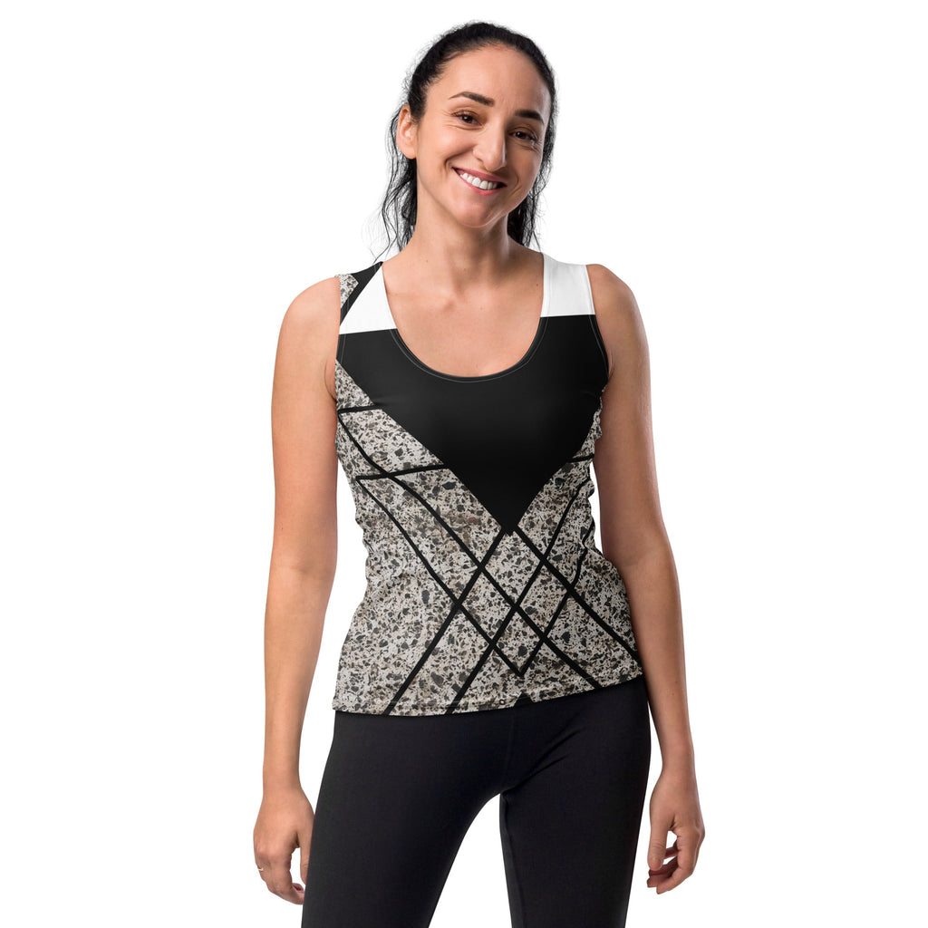 Womens Stretch Fit Tank Top - Black and White Triangular Colorblock