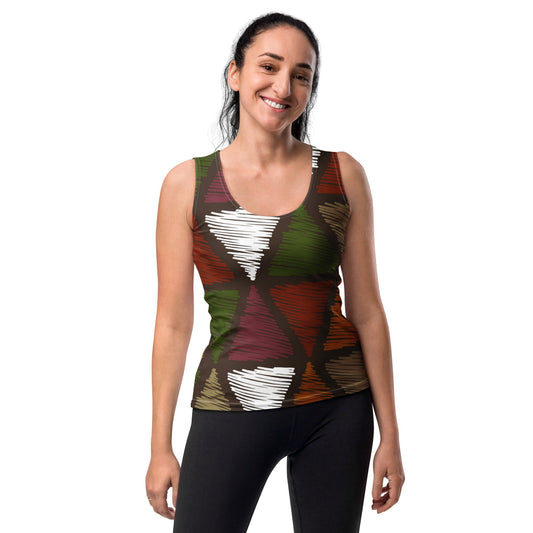 Womens Stretch Fit Tank Top - Red Green Geometric Lines
