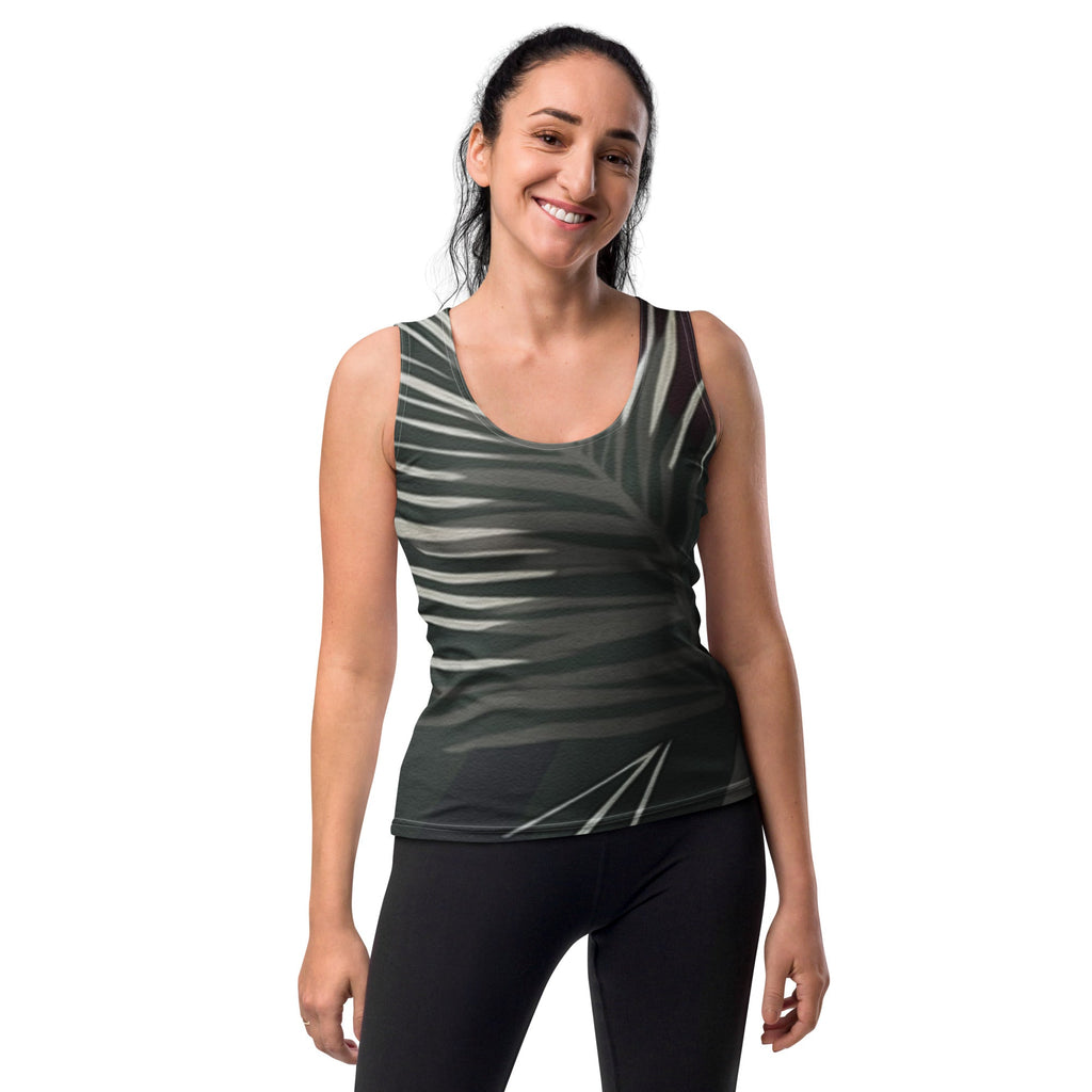 Womens Stretch Fit Tank Top - Palm Tree Leaves Maroon Green Background