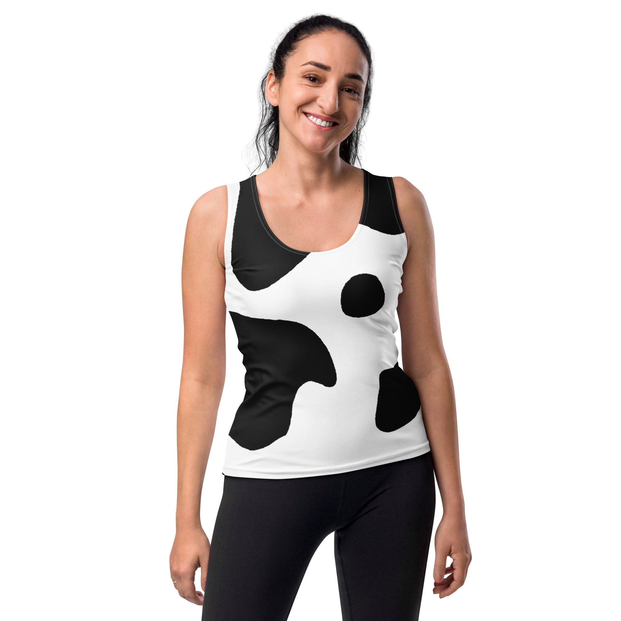 Womens Stretch Fit Tank Top - Black White Cow Print