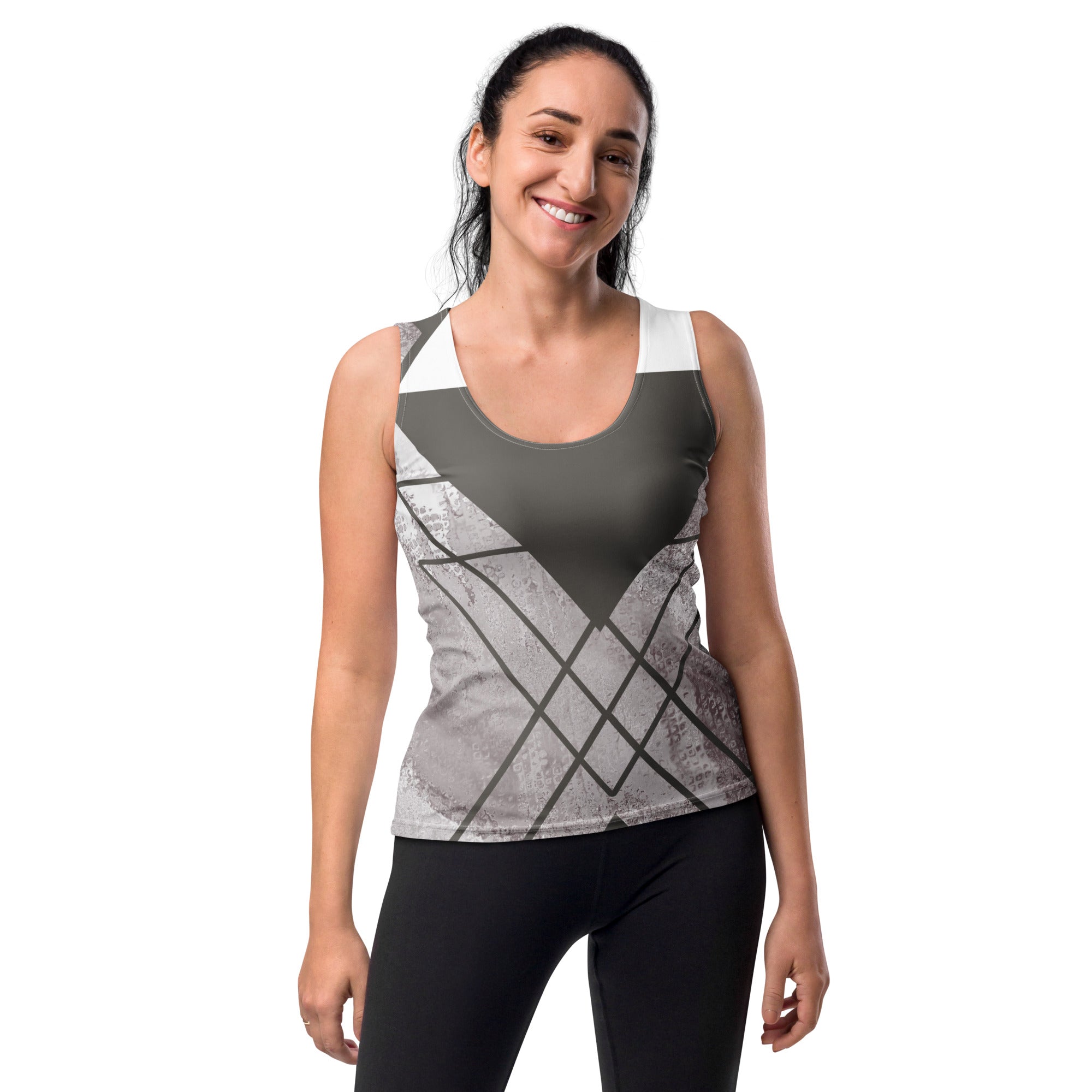 Womens Stretch Fit Tank Top - Ash Grey and White Triangular Colorblock