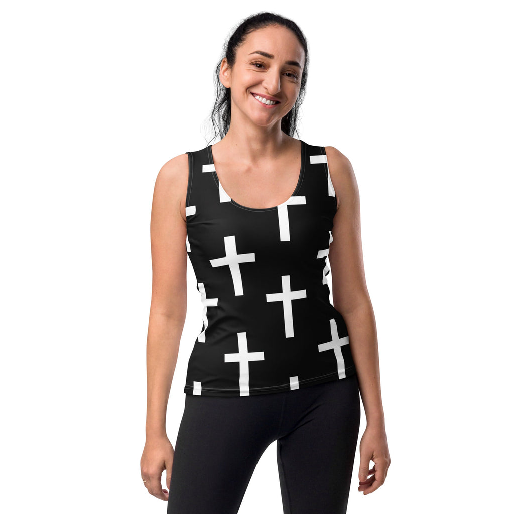Womens Stretch Fit Tank Top - Black White Cross Print