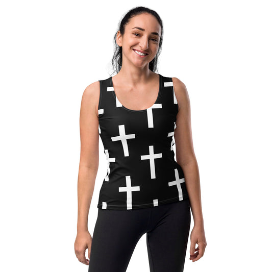 Womens Stretch Fit Tank Top - Black White Cross Print