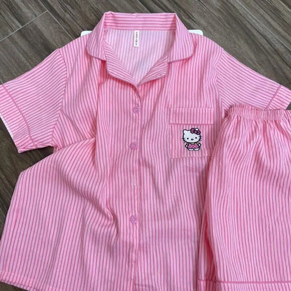 Hello Kitty Short-Sleeved Embroidered Popular Cartoon Pajamas for Women In Summer Sweet Loose Comfortable Breathable Home Wear