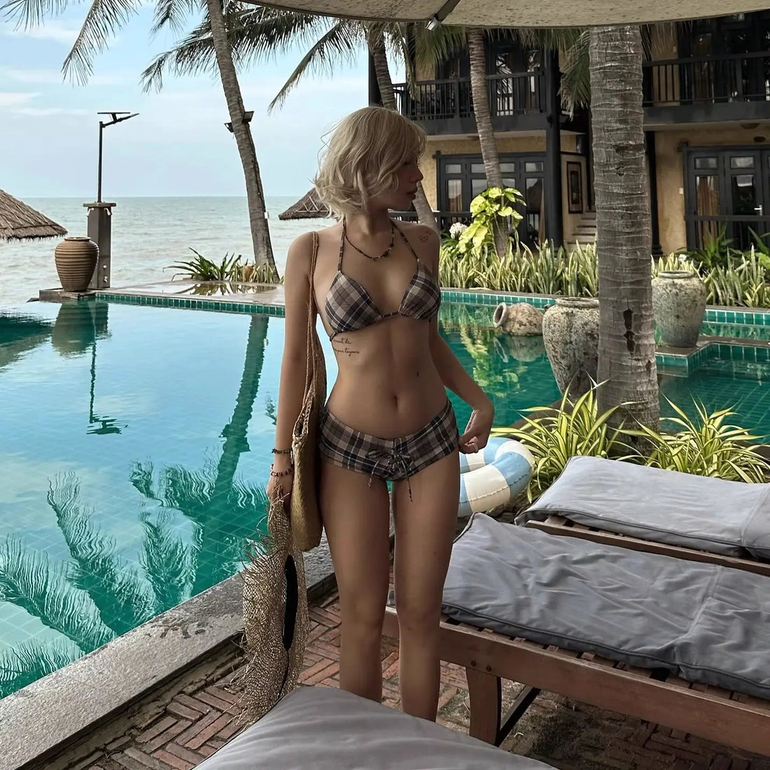 Plaid Bikini Swimsuit Strapless High-End Beauty Hot Spring Beach Vacation Swimwear Sport Yoga Fitness Fans Supplies