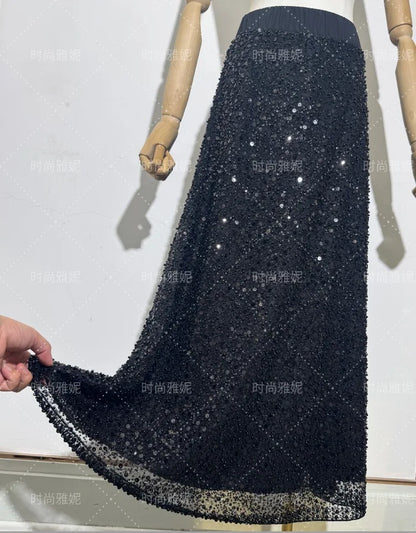 Fashion Heavy Sequin Beaded Cardigan Jacket for Women Slim Fit Bodycon Mid-Length Skirt Trendy Long Sleeve Coat