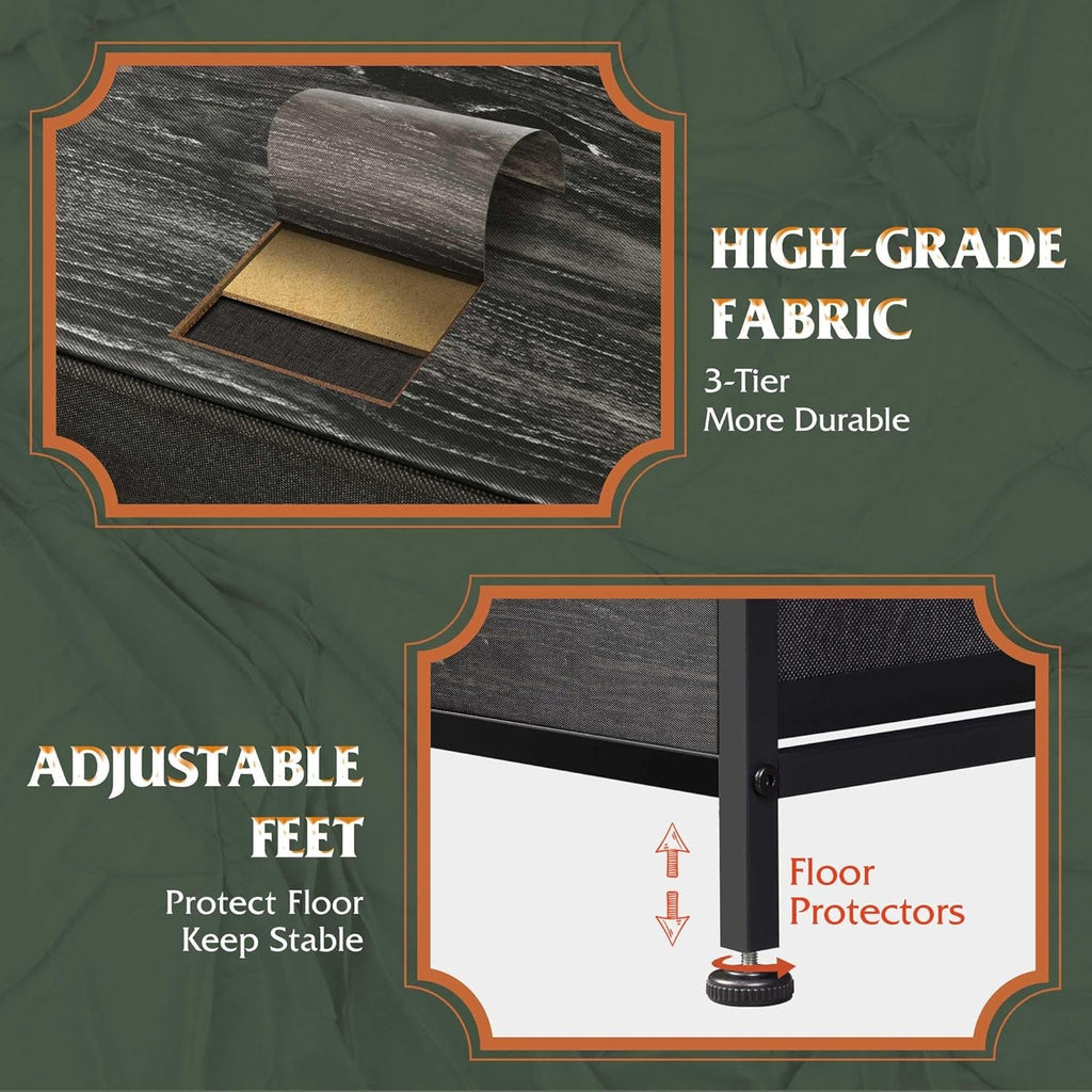 Charcoal Black Wood Grain Dresser With 5 Drawers And Fabric Bins