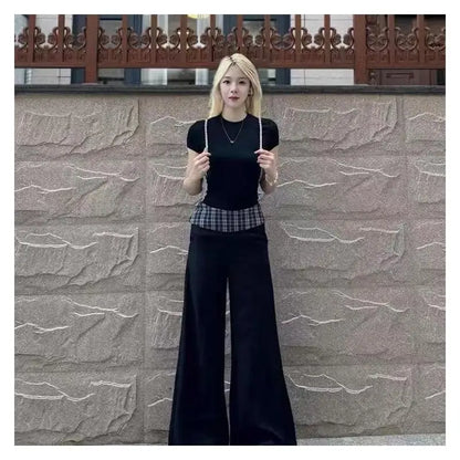 Women's Suit Fashion 2 Piece Set Short Sleeve Top Wide Leg Pants Cotton Women Summer Casual Elegant American Style Premium