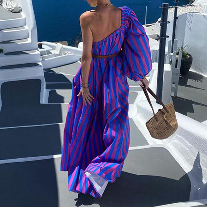Fashion Personalized Oblique Shoulder Boho Striped Women's Mid-length
