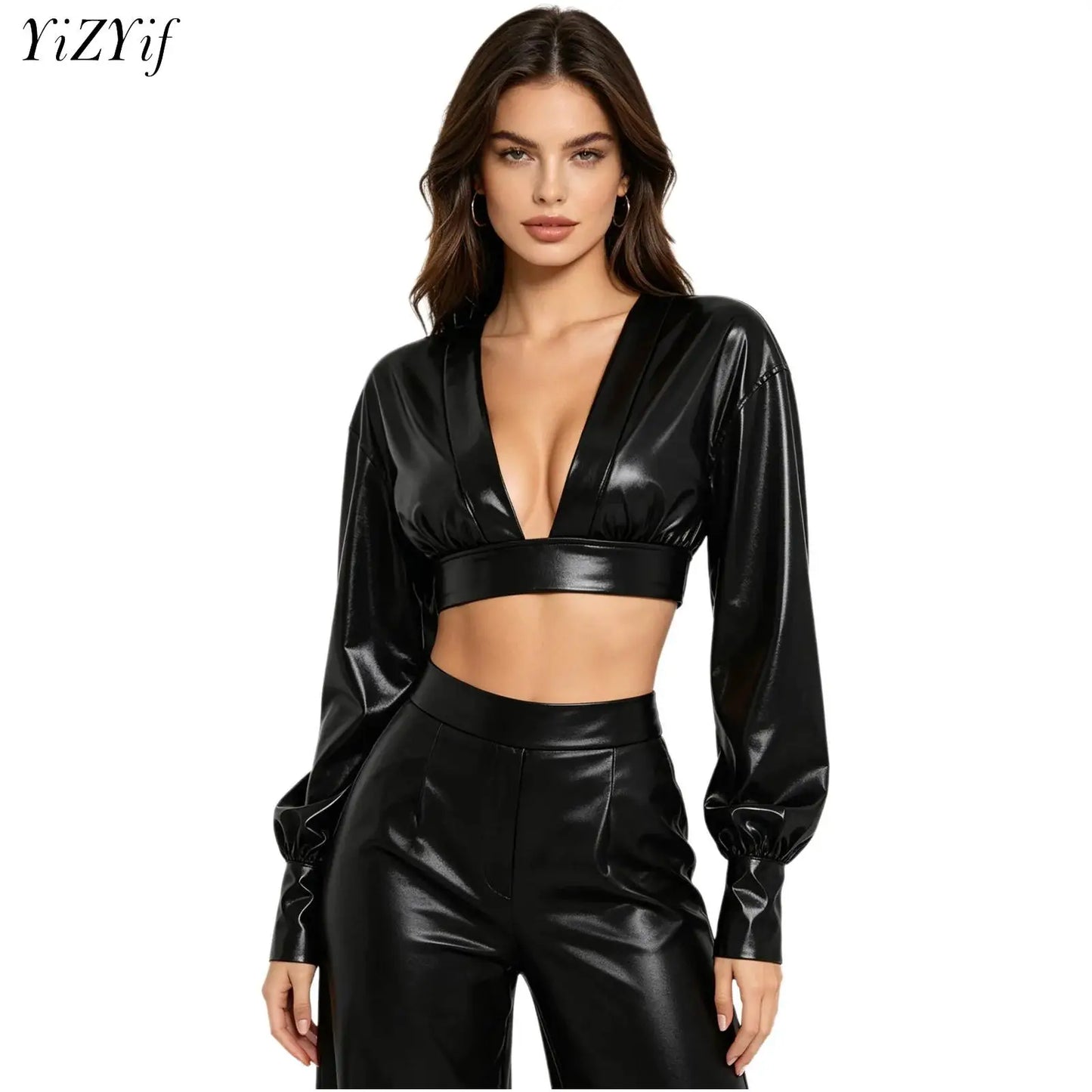 Womens Y2K Metallic Shiny Hip Hop Crop Top Deep V Neck Balloon Long Sleeve Button Cuffs Blouses Tops Disco Party Rock Clubwear
